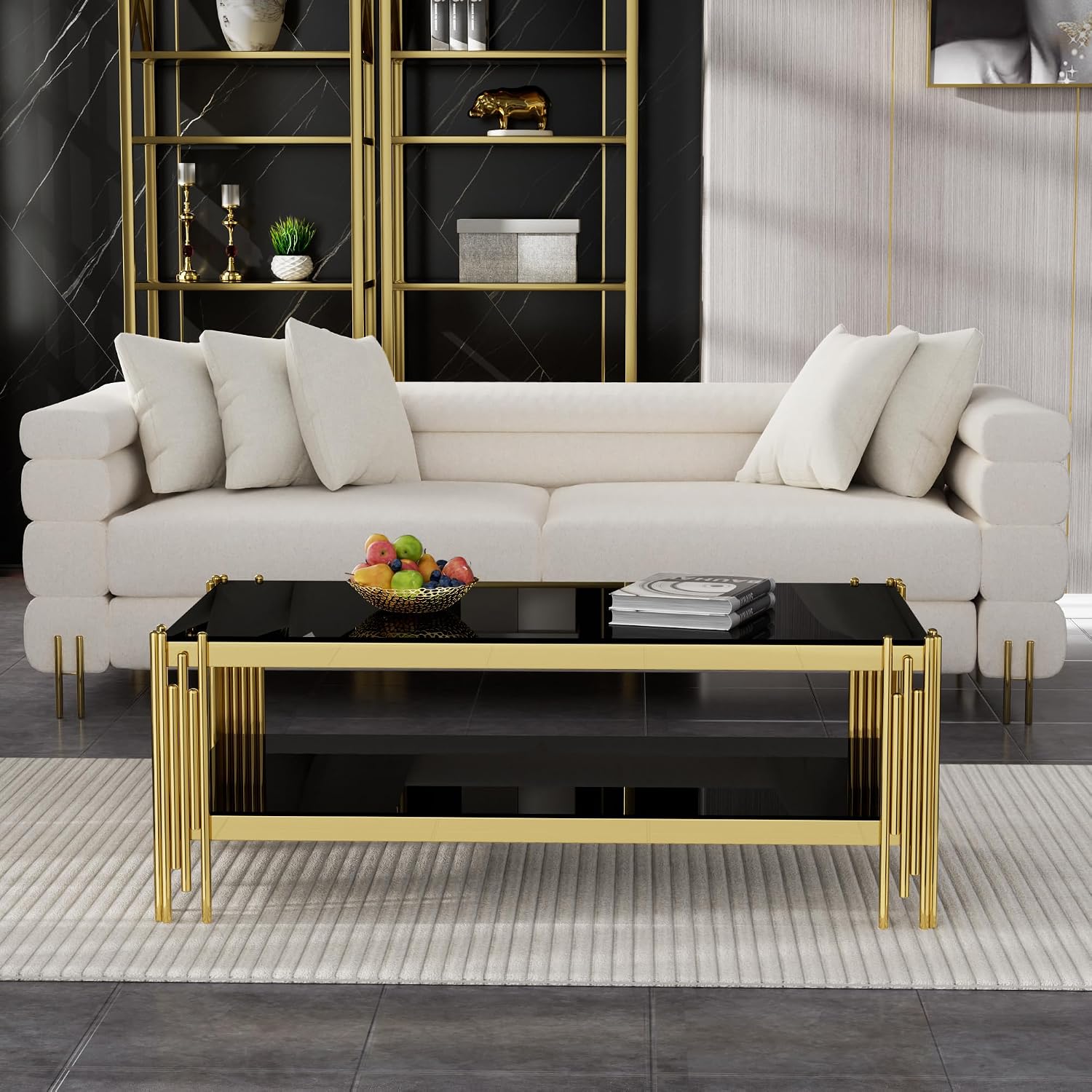 Henf 3-Piece Black Glass Living Room Table Set, 2-Tier Glass Coffee Table & 2 End Tables, Luxury Gold Coffee Table Set of 3 with Shining Golden Frame for Living Room Apartment Office