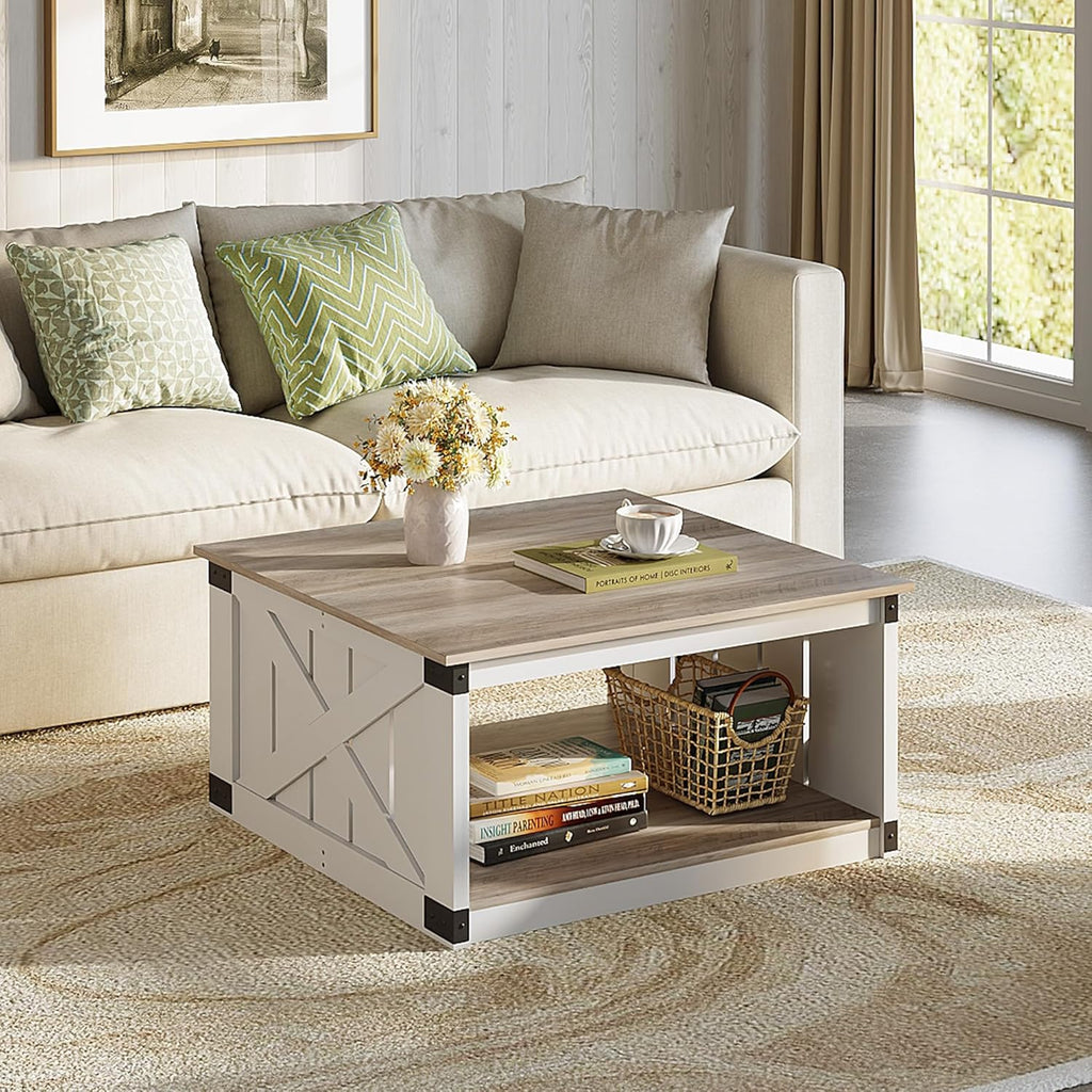 WLIVE Coffee Table, Farmhouse Coffee Table with Open Storage, 31.5" Wood Square Living Room Tables, Rustic Dining Cocktail Center Table for Living Room, Grey & White