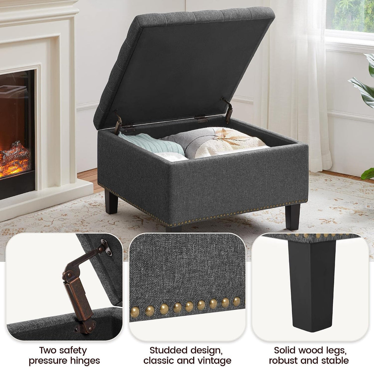 Yaheetech 28in Square Storage Ottoman Coffee Table with Nailhead, Dark Gray | Button-Tufted Linen-Look Fabric Bench, 3.2C Storage Space, Wood Legs, Metal Hinges, for Bedroom Foot of Bed Living Room