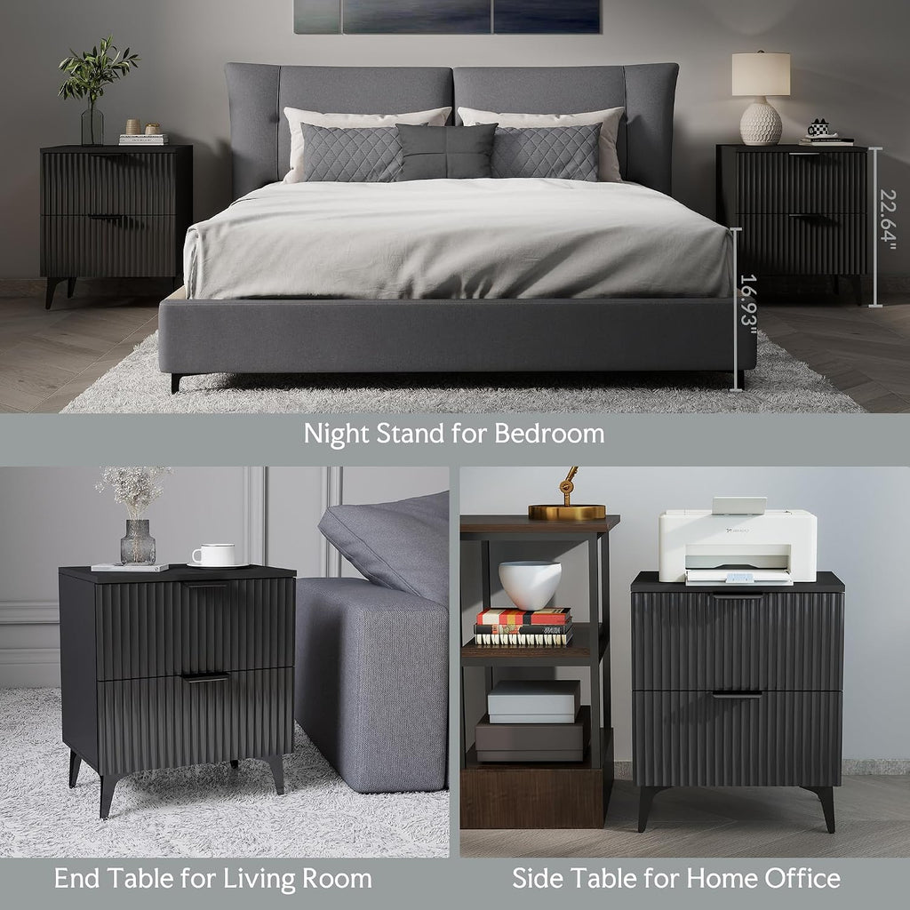 Wood Nightstand Set of 2, Fluted Bedside Tables with 2 Drawers