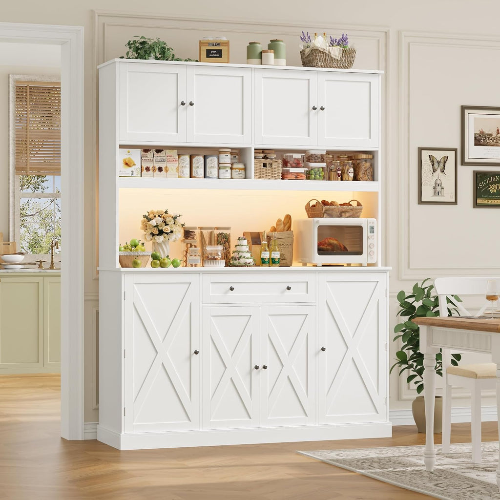 HIFIT 72.8”Hx55”W Pantry Cabinet with LED & Charging Station, Kitchen Hutch | Farmhouse Coffee Bar Cabinet with Storage Drawer, Large Countertop, Swing-Out Door, Hutch Cabinet with Storage, White