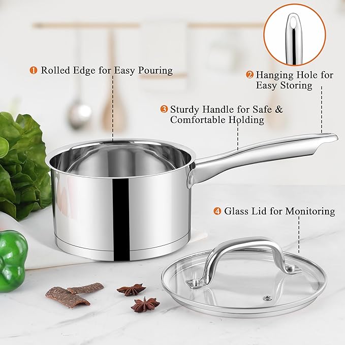 LIANYU Sauce Pan Set with Lid, 1 QT & 2 QT Stainless Steel Saucepan Pot Set, Tri-Ply Bottom Small Pot for Kitchen Cooking, Dishwasher Safe, Compatible with All Cooktops