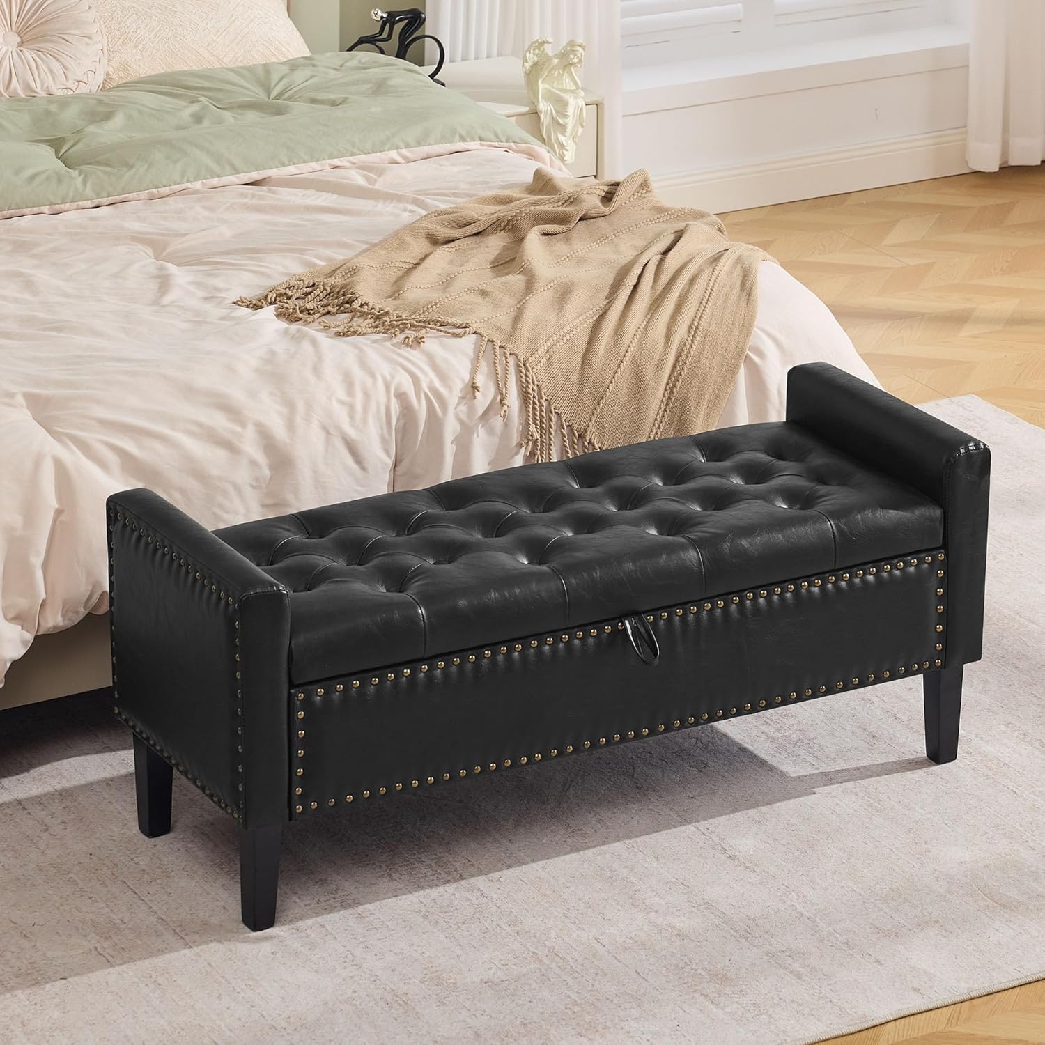 WUTUTUEE 47" Modern Water-Resistant Faux Leather Storage Ottoman Bench with Wooden Legs, Upholstered End of Bed Bench for Bedroom, Living Room or Entryway, Black