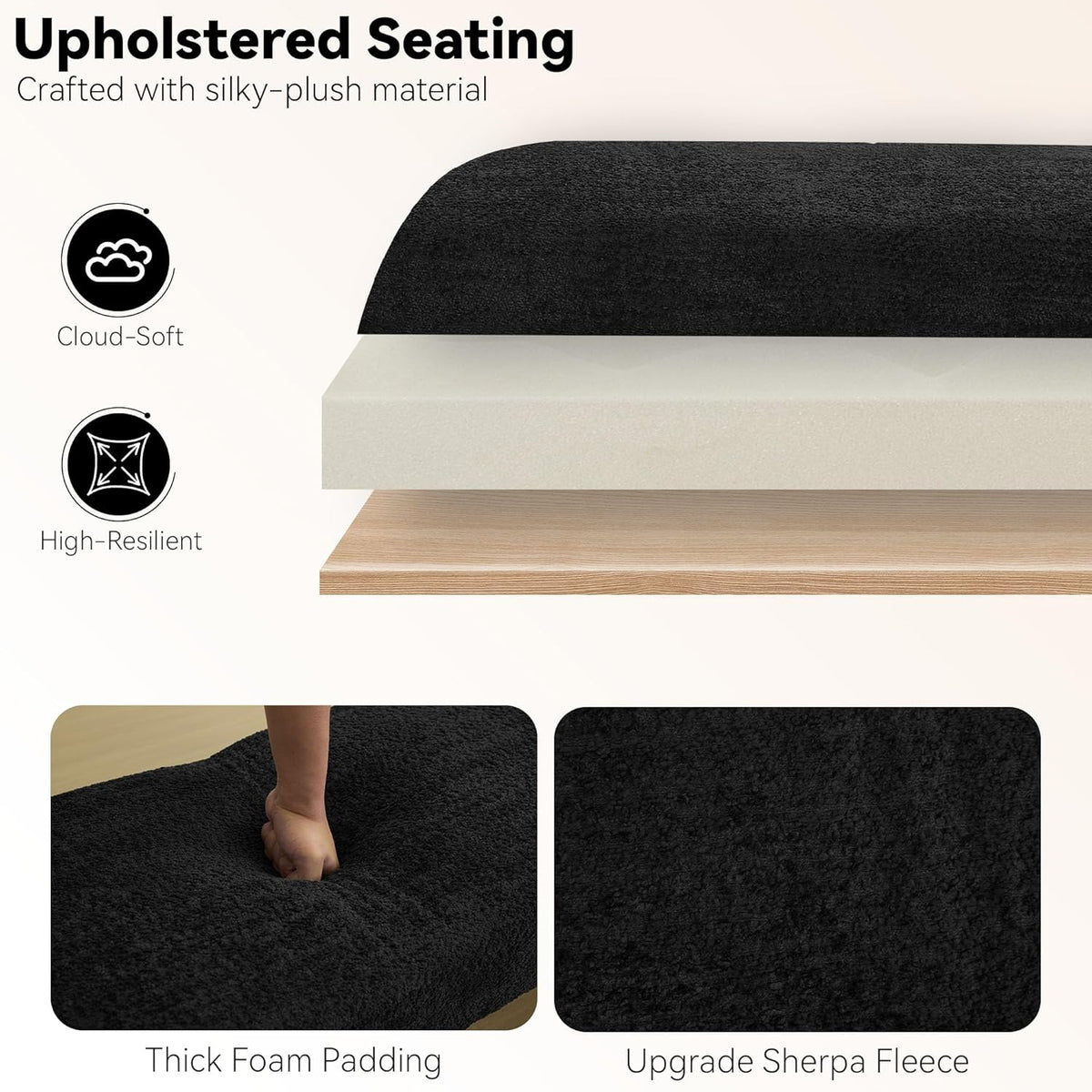 58.7" Upholstered End of Bed Bench, Entryway Bench with Curved Armrests, Modern Bedroom Bench Seat with Solid Wood Frame for Living Room, Hallway, Black