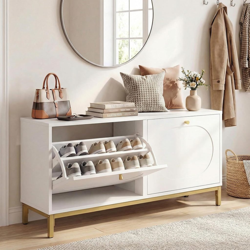 Giantex Shoe Storage Bench with 2 Flip Drawers, 39.5" W Entryway Bench with Storage, Adjustable Shelves, Modern Shoe Cabinet for Entry Way, Hallway, Foyer, Living Room, White & Gold