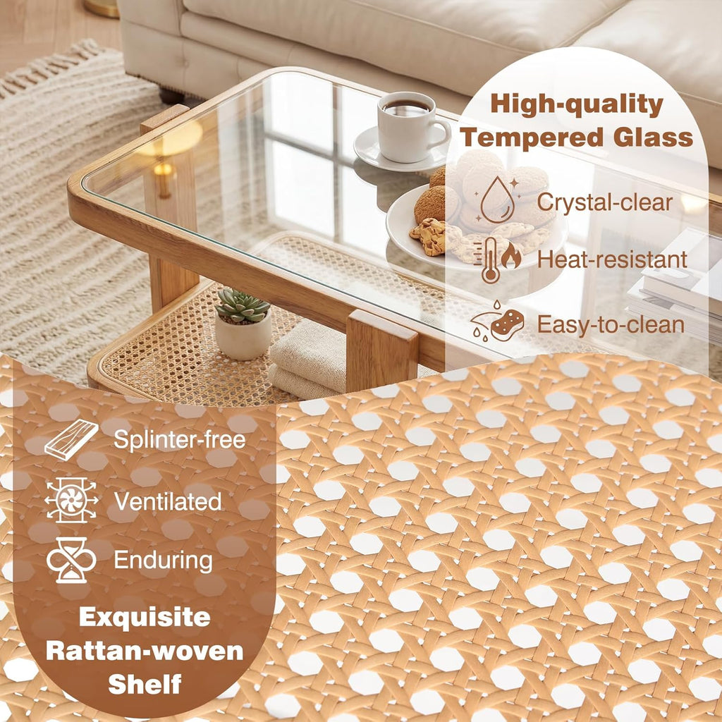Giantex Nesting Coffee Table Set of 2, Boho Rattan Accent Table with Tempered Glass Top & Solid Rubber Wood Frame, Modern Rectangular Center Table for Living Room, Natural