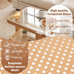 Giantex Nesting Coffee Table Set of 2, Boho Rattan Accent Table with Tempered Glass Top & Solid Rubber Wood Frame, Modern Rectangular Center Table for Living Room, Natural