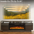 70" Fireplace TV Stand, Entertainment Center with 8 Stainless Steel, Black | 36" Electric Fireplace insert, Modern TV Console with LED light, 2-tier Media Console fits 80" TV, Spacious storage cabinets