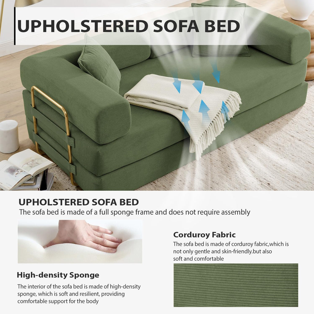 4-in-1 Folding Convertible Sofa Bed, 78 Inch Oversized Corduroy Upholstered Couch, Loveseat Sleeper with Pull Out Bed, Floor Sofa Modular Futon Couch for Living Room Bedroom Lounge, Green