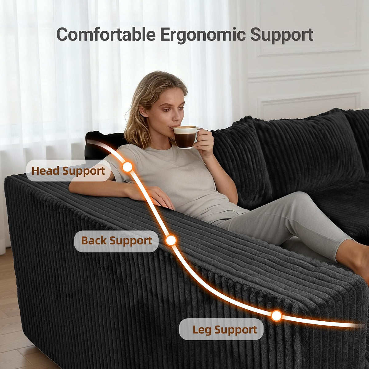Claiks 128" U-Shaped Modular Sectional Sofa No Assembly Required, Oversized Cloud Couch with Double Chaise, Corduroy Fabric for Living Room & Apartment, Black