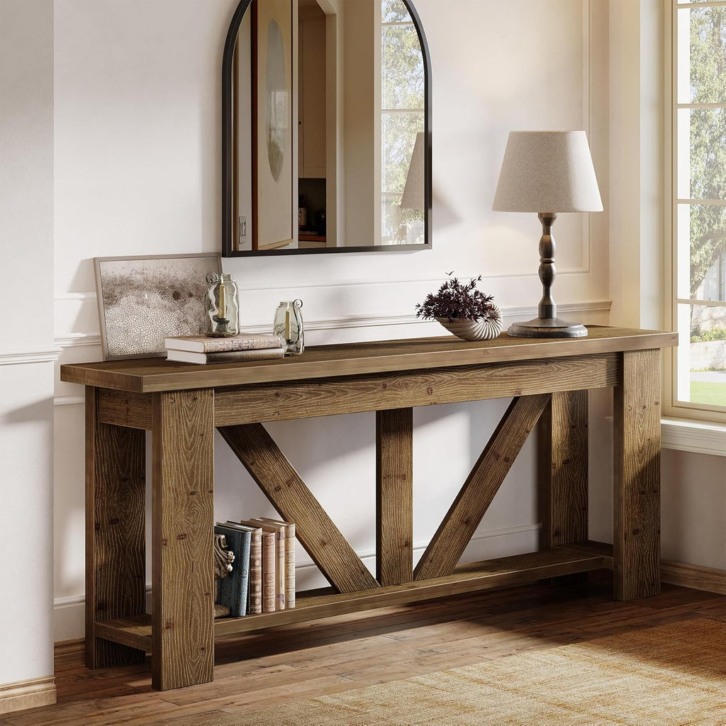 Solid Wood Sofa Table, 70.9 Inches Extra Long Console Table with 2 Tiers Storage Shelves, Rustic Entryway Table Behind Couch Table for Living Room, Hallway, Foyer, Brown