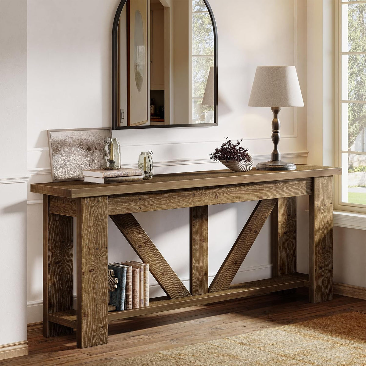 Solid Wood Sofa Table, 70.9 Inches Extra Long Console Table with 2 Tiers Storage Shelves, Rustic Entryway Table Behind Couch Table for Living Room, Hallway, Foyer, Brown