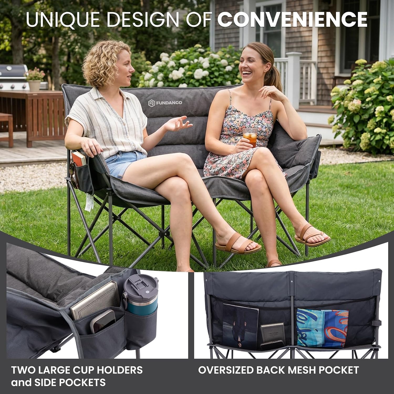 FUNDANGO Double Camping Chair, Oversized Padded Camping Loveseat for Adults, Heavy Duty Folding Camping Couch for 2 Person, Portable Outdoor Sofa with Cup Holders for Lawn, Sports, RV, Grey