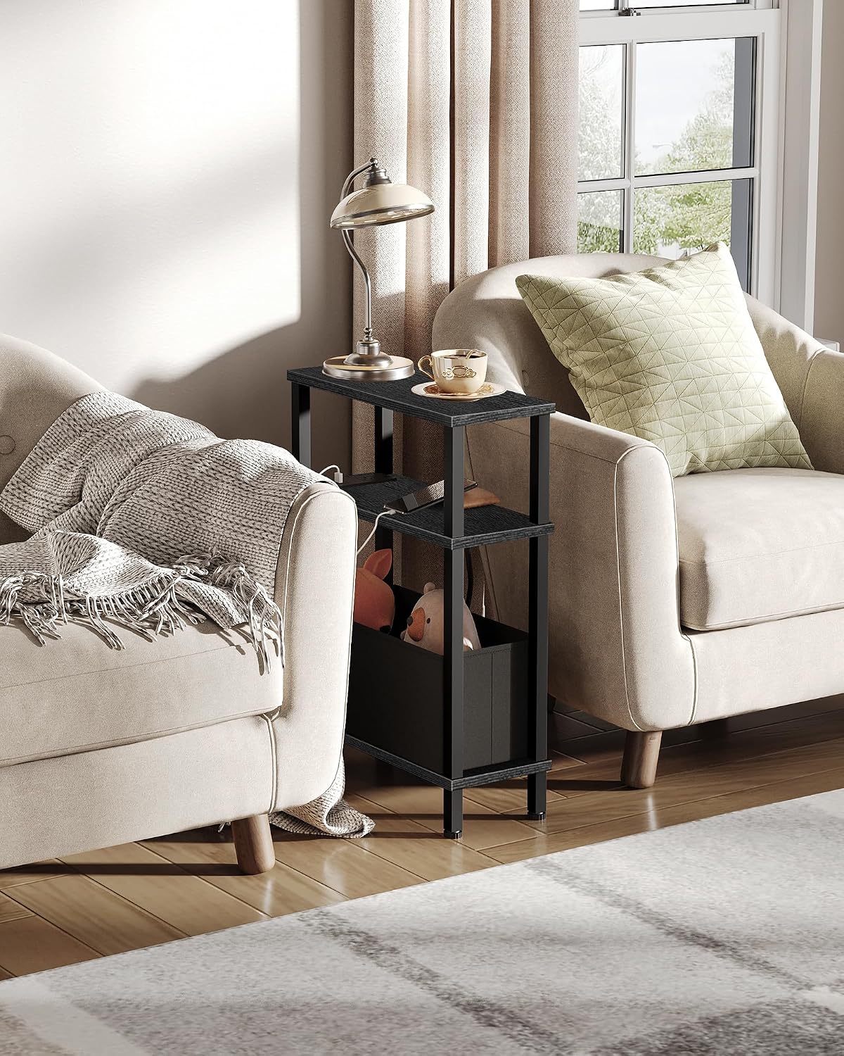 CHOEZON Set of 2 End Tables with Charging Station, Narrow Side Table for Small Spaces, Slim Nightstand with Basket, Skinny Bedside Table, for Living Room, Bedroom, Black TBZ07UP2BBN1