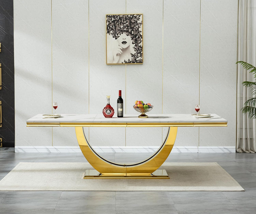 94" White Dining Table for 6-10, Modern Rectangular Kitchen Table with Faux Marble Table Top and Double U-Shaped Gold Stainless Steel Base, Large Long Dinner Table for Kitchen Dining Room