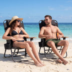 Cansky Portable Beach Chair for Adults, Outdoor Lightweight Camping Chair with Wooden Desgin Armrests, 5-Position Reclining Flat Lay, Cup Holder, Zipper Pouch, Backpack Design, No Towel Rack, Black