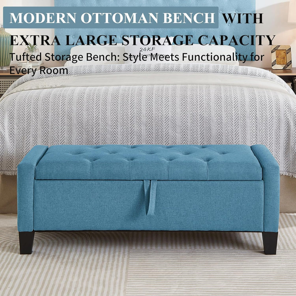 Modern Storage Ottoman Bench, Linen Upholstered End of Bed Bench with Tufted Design, Mid-Century Entryway Bench with Pull Ring, Padded Window Bench for Entryway，Bedroom (Blue+Line)