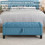 Modern Storage Ottoman Bench, Linen Upholstered End of Bed Bench with Tufted Design, Mid-Century Entryway Bench with Pull Ring, Padded Window Bench for Entryway，Bedroom (Blue+Line)