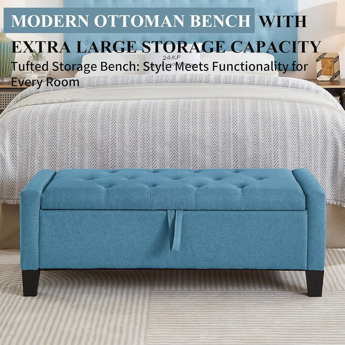 Modern Storage Ottoman Bench, Linen Upholstered End of Bed Bench with Tufted Design, Mid-Century Entryway Bench with Pull Ring, Padded Window Bench for Entryway，Bedroom (Blue+Line)