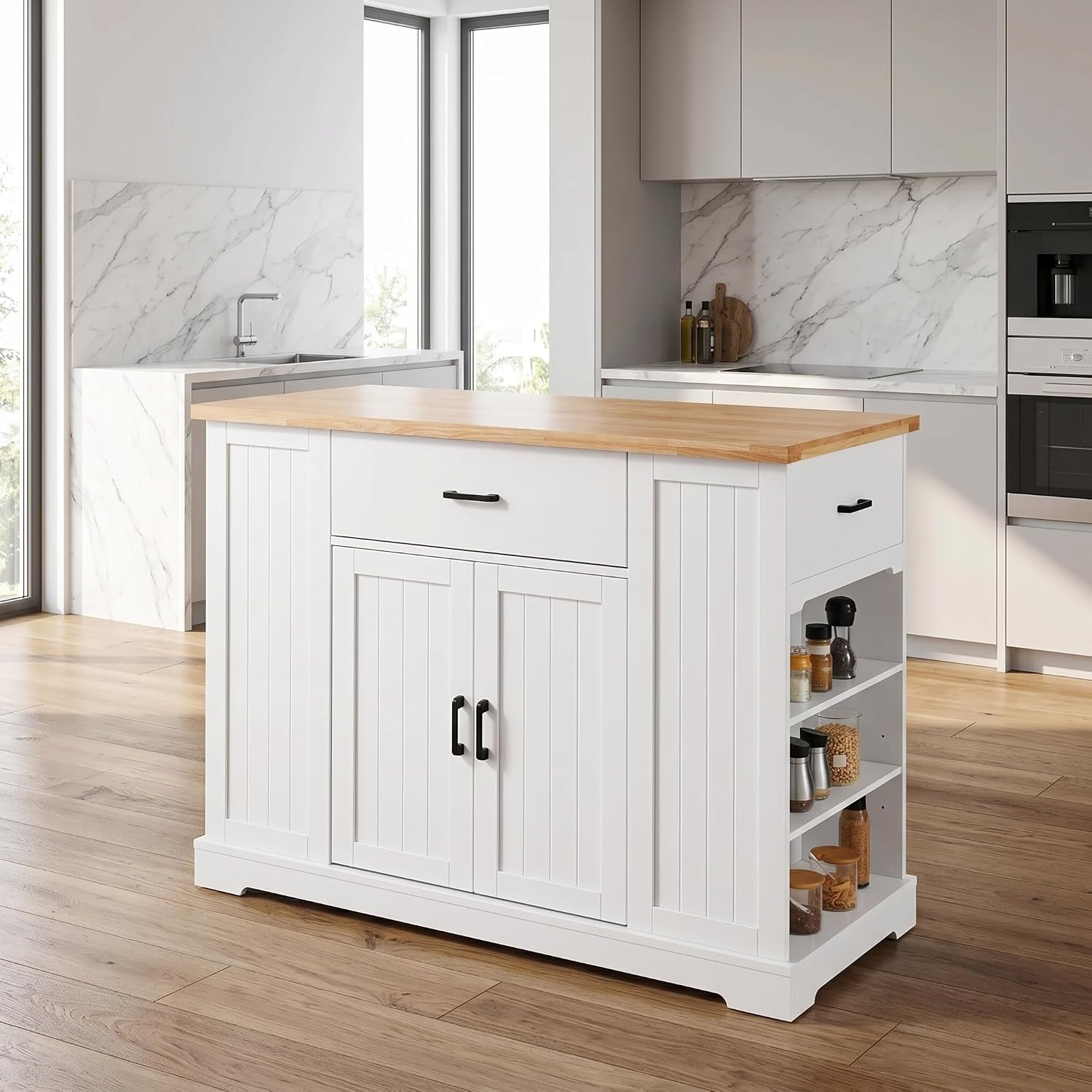 46 Inch Kitchen Island Cart with Storage Cabinet, Wood Top Breakfast Bar with Drawer, Multifunctional Kitchen Table with