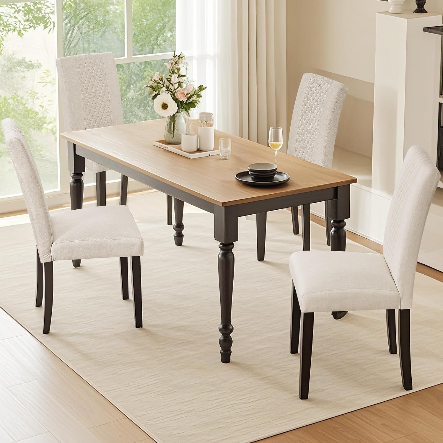VECELO Dining Chairs Set of 2, Upholstered Fabric Wood Legs High Back for Kitchen Living Room, Beige