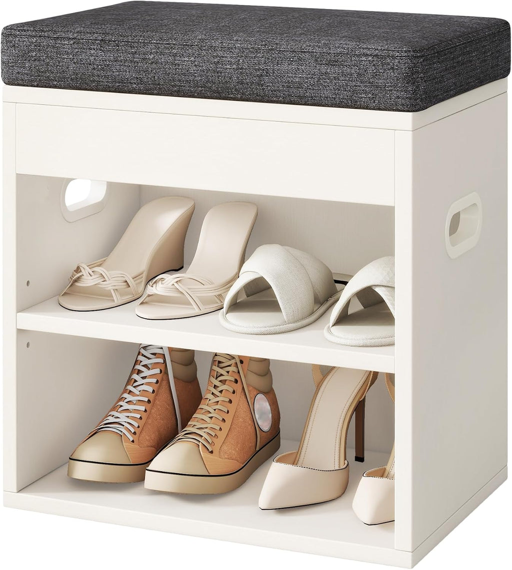 YMYNY Small Shoe Storage Bench with Cushion and Drawer, 2 Tier Adjustable Entryway Bench with Storage, Wooden Shoe Rack Bench for Entryway, Living Room, Hallway, Closet, Bedroom, White, HSC002W
