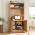 Farmhouse Pantry Cabinet with Foldable Workstation, 69" Tall Buffet with Hutch and Storage, Multifunctional Kitchen Cabinet with Adjustable Shelf and Power Outlet for Dining Room (Natural)