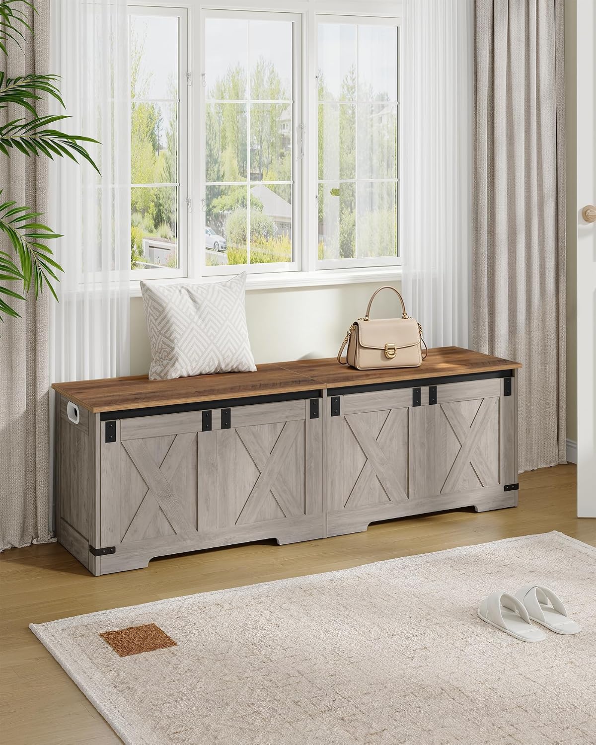 Hzuaneri 59" Farmhouse Storage Chest and Bench | 70 Gal | 330lb Seat | Soft-Close Hinges | Greige Wooden | Shoe and Blanket Storage for Bedroom, Living Room, Entryway | Easy Assembly | SB15005X