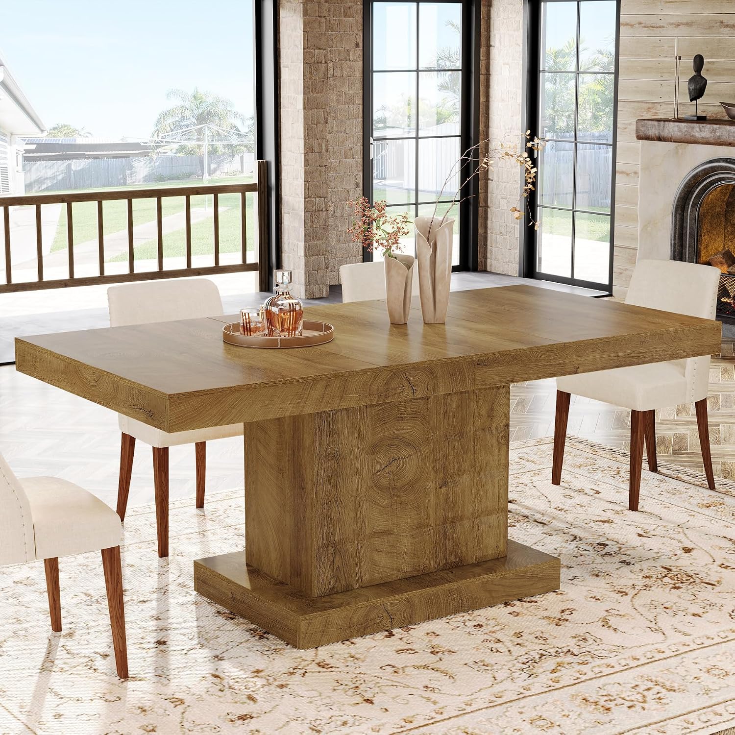 Tribesigns 63'' Dining Table for 4-6, Farmhouse Wooden Rectangular Dinner Table with Geometric Relief, Pedestal Base (Natural Brown)