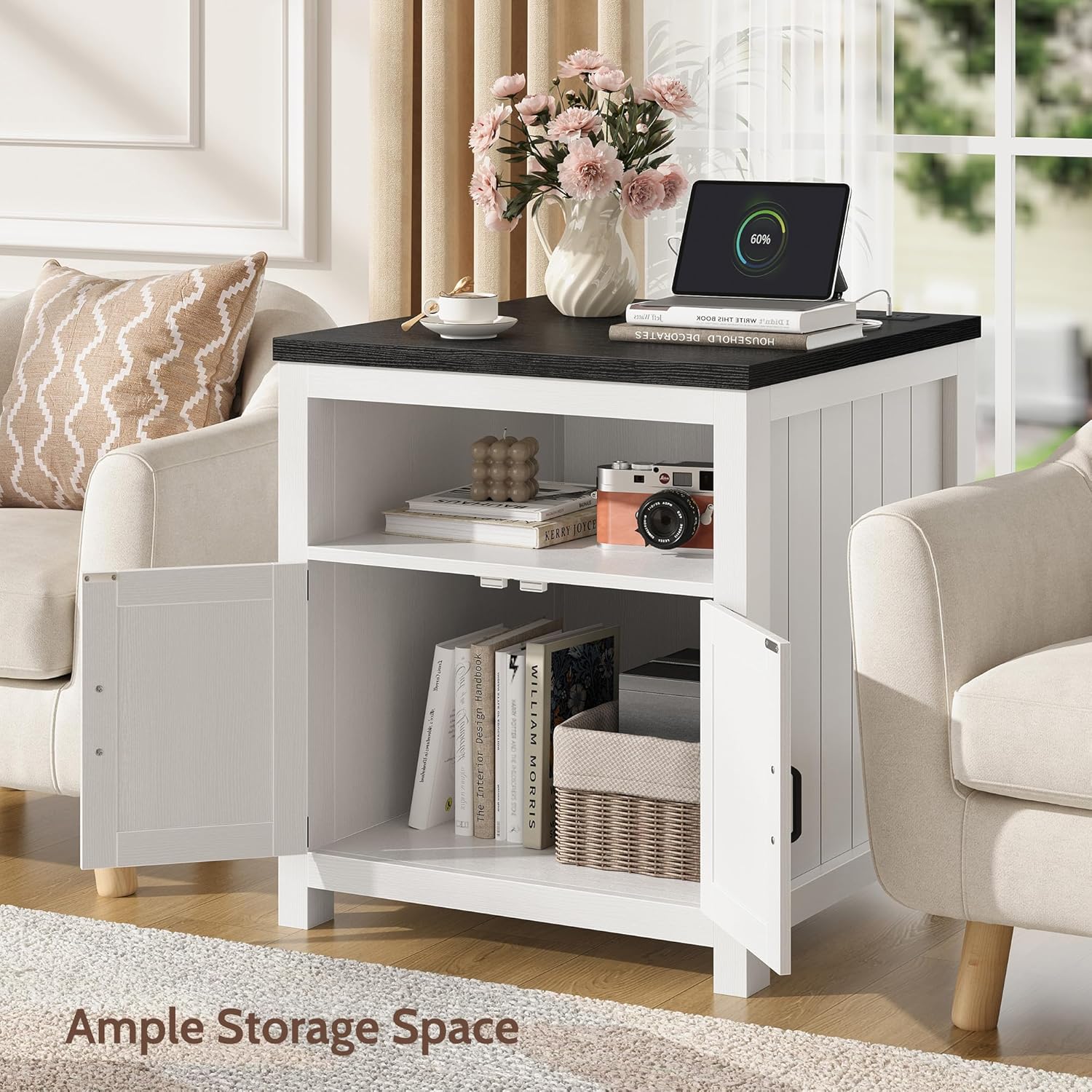 Farmhouse End Table with Charging Station, 24" Large Side Table with Open Shelf and Barn Door Storage, Wood Square Bedside Table Nightstand for Living Room, Bedroom (1, White)