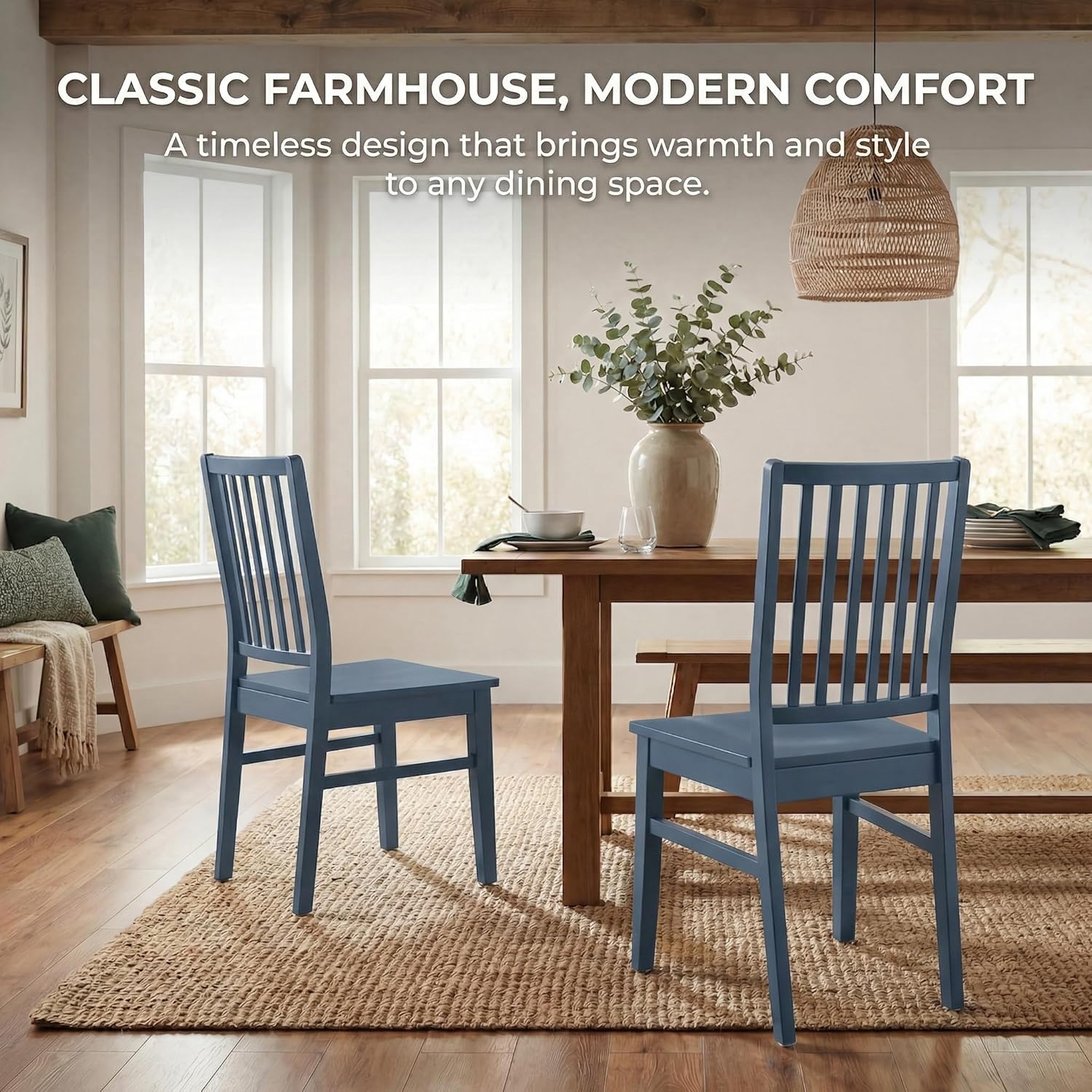 HNY Blue Wood Dining Chairs Set of 4, Farmhouse Kitchen Chairs with High Backrest and Wooden Legs, Armless Dining Side Chairs for Kitchen/Dining Room/Restaurant