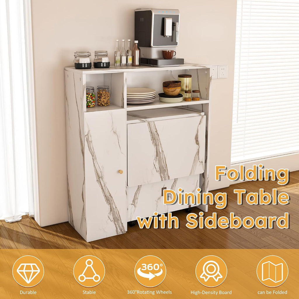 Multifunctional Folding Dining Table with Wall-Mounted Sideboard & Storage, 37.4" Folding Kitchen Island with Wheels, Modern Movable Kitchen Extendable Versatile Table for Small Space White