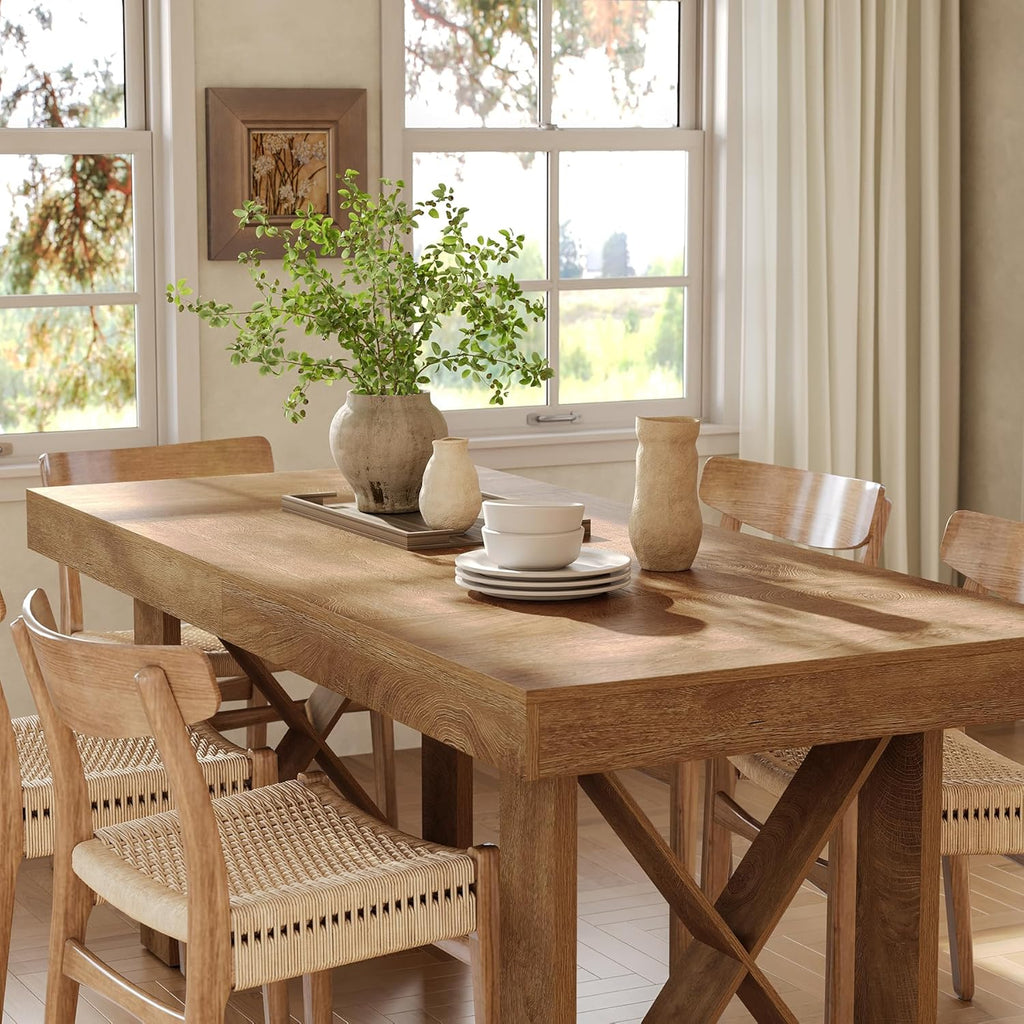 LITTLE TREE 63-Inch Dining Table for 4 People, Farmhouse Thick Appearance Design, Rustic Rectangle Kitchen Dinner Table for Dining Room, Living Room, Yellowish Brown