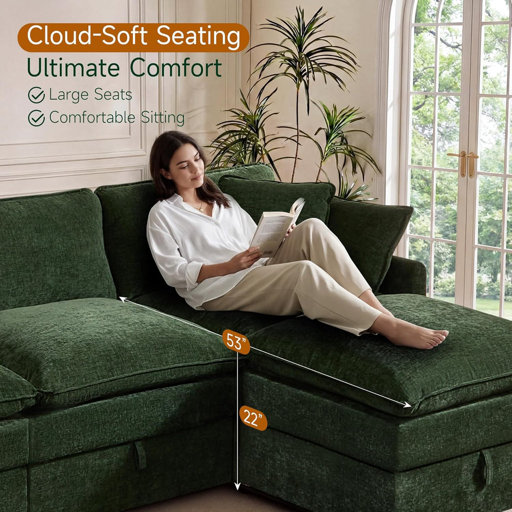 Myroyalsit Modular Sofa with Storage, 135" Sleeper Sofa Bed Sectional Cloud Couch, Oversized Fabric Couch with Movable Ottoman, 8 Seat Modern Deep Seat Sofa for Living Room (Green Chenille)
