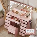 VOWNER Vanity with Lighted Mirror - Makeup Vanity Desk with Lights | Women Vanity with 11 Drawers, 3 Color Lighting Modes Adjustable Brightness, 46" Makeup Desk with Stool for Bedroom, Pink