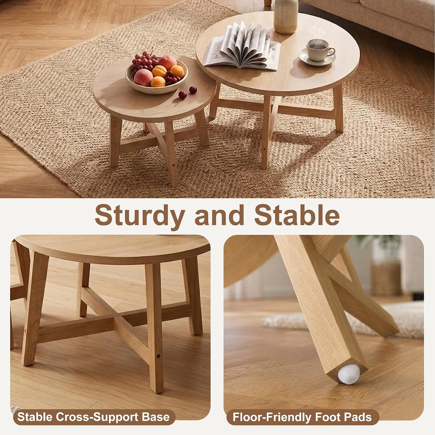 Round Nesting Coffee Tables, Set of 2, Natural Wood Finish Modern Side Tables with X-Shaped Frame, Stackable End Tables for Living Room, Bedroom