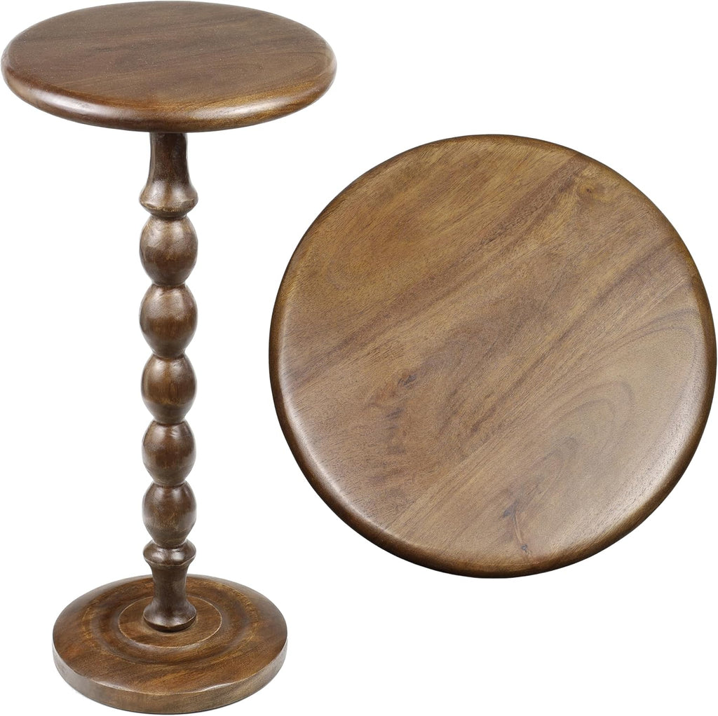 JONATHAN Y Augustus Solid Mango Wood Drink Table, 24.5" Tall Small Round Side Table with Spool Pedestal Base for Living Room and Small Spaces, Rustic Farmhouse Martini Accent, Dark Brown END3007B