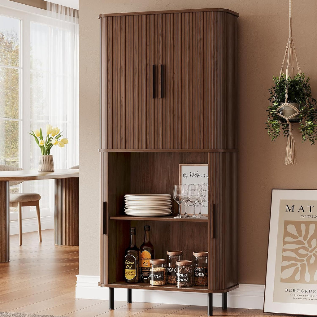71" Tall Fluted Pantry Cabinet, Mid-Century Modern Kitchen Pantry Storage Cabinet with 2 Pegboards, 10 Hooks, Freestanding Cupboard with 4 Adjustable Shelves, Sliding Doors for Dining Room