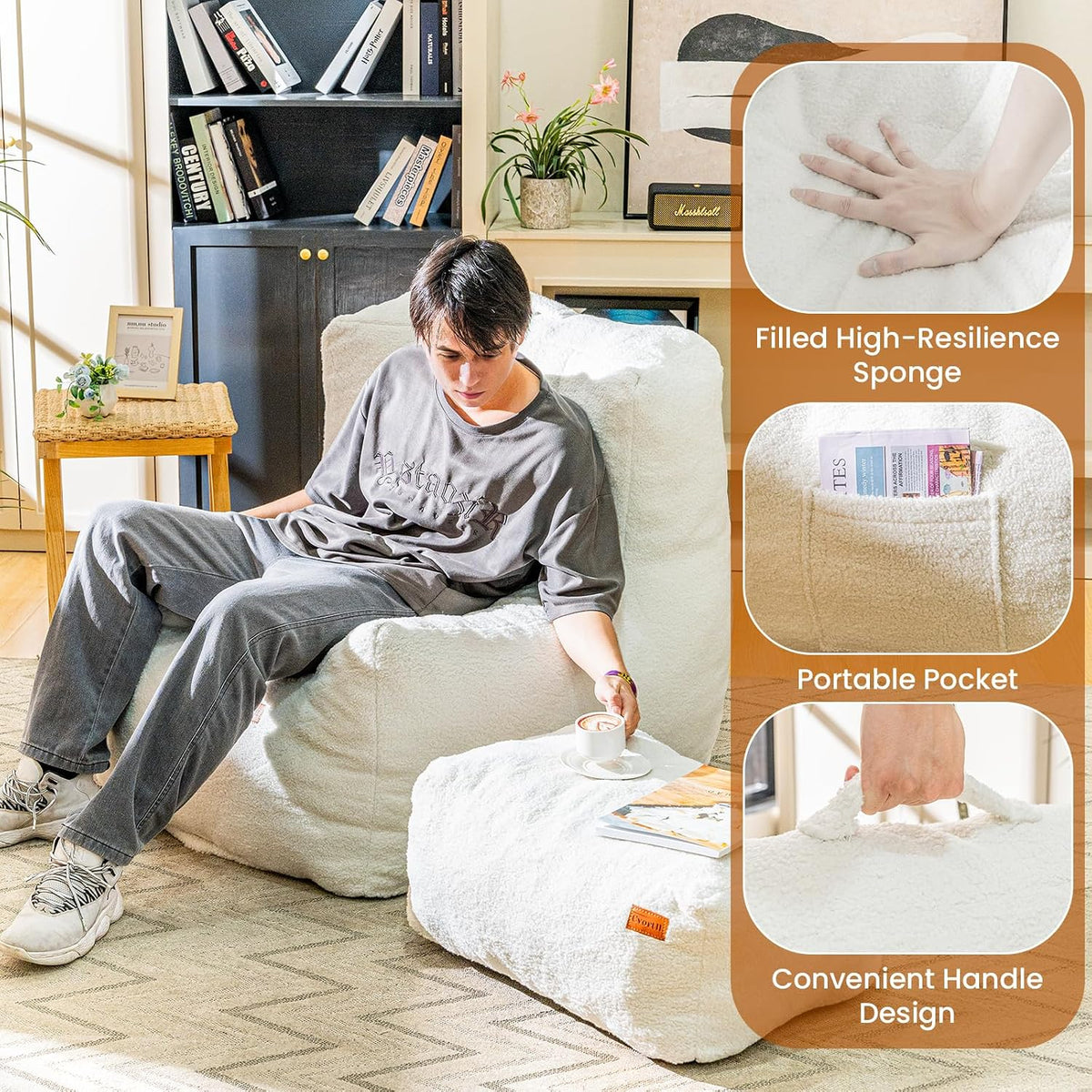 Cvortll Giant Bean Bag Chair for Adults with Ottoman, High-Density Oversized Bean Bag Sofa, Cozy Lazy Comfy Floor Sofa for Bedroom, Reading Chair for Living Room, White