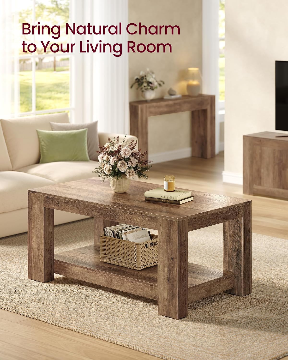 VASAGLE Coffee Table, 2-Tier Center Table with Rustic Charm and Clean Lines