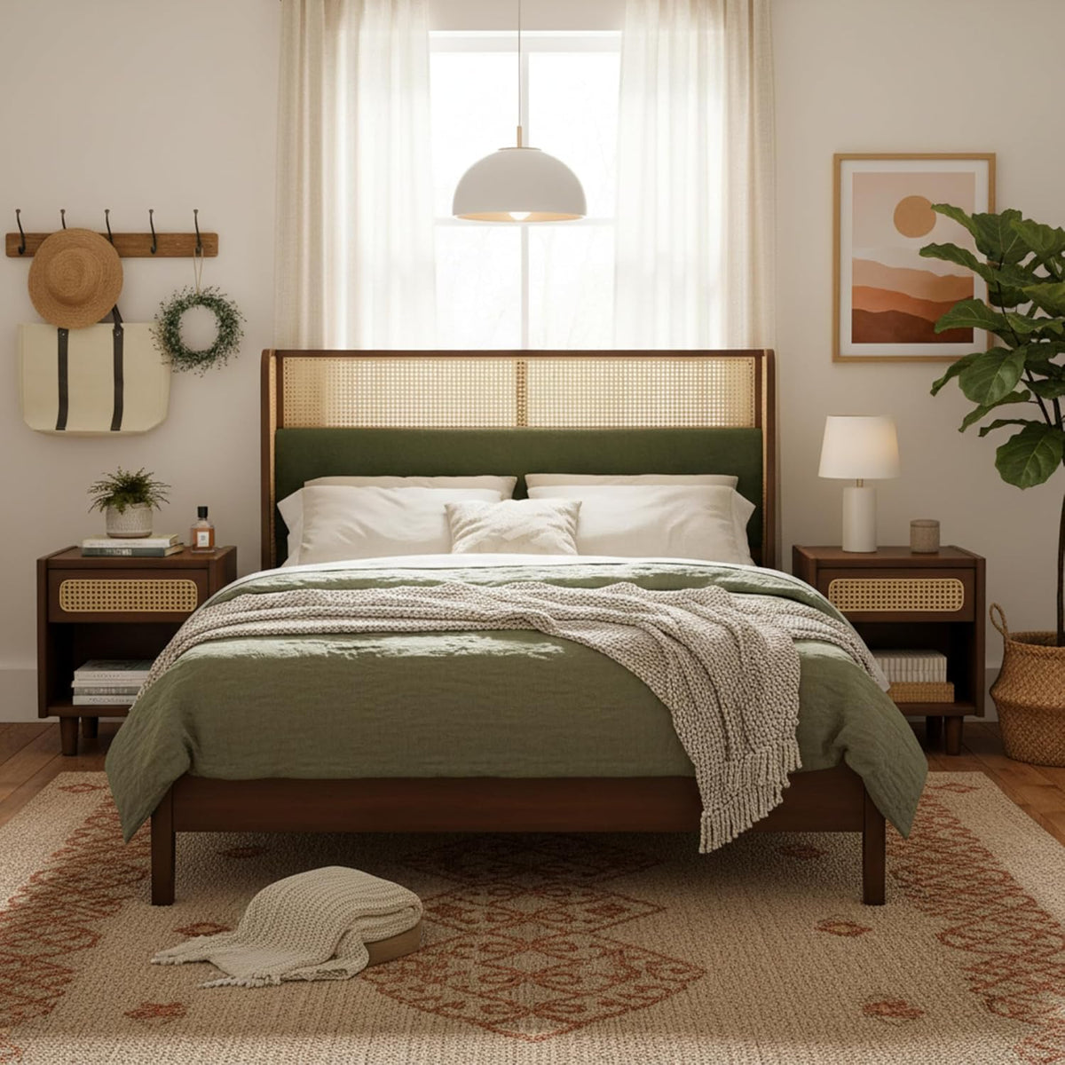 Merax Classic Retro Queen Platform Bed with Rattan Headboard, Wood Bed Frame No Box Spring Needed/Easy Assemble, Walnut + Green