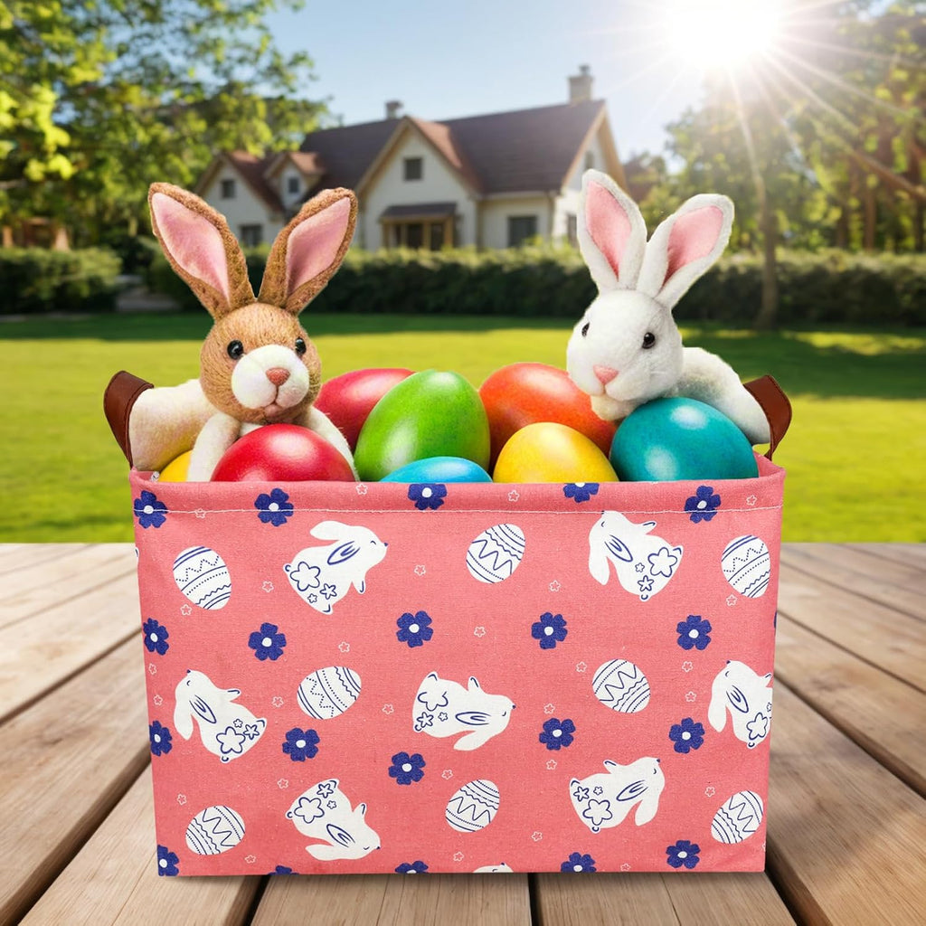Large Rectangular Cute Kid Easter Basket Empty Bunny Eggs Easter Basket Gift Spring Room Storage Organizer Décor (Rabbit Pink Background)