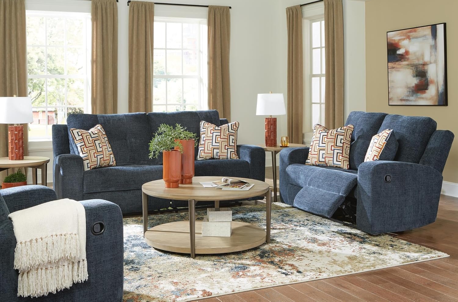 Signature Design by Ashley Danum Modern Manual Pull Tab Reclining Sofa with Tufed Back Cushion, Blue