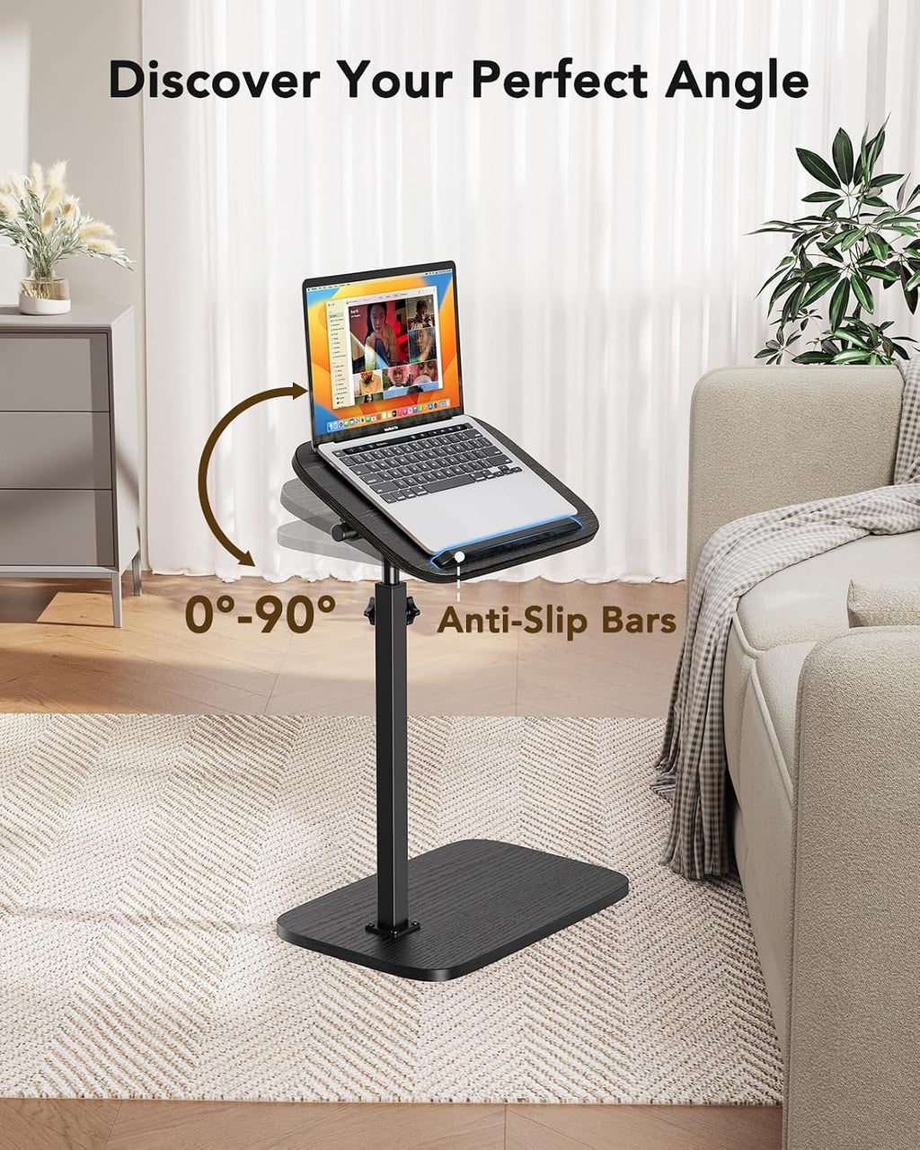 HUANUO TV Tray with Height Adjustment, 360° Swivel, 90° Tilt, Black | 19"–31.5" Height Range, Dual Knobs & Crossbeam for Stability, Anti-slip Bar, Foldable, for Eating & Working Beside Sofa, Bed
