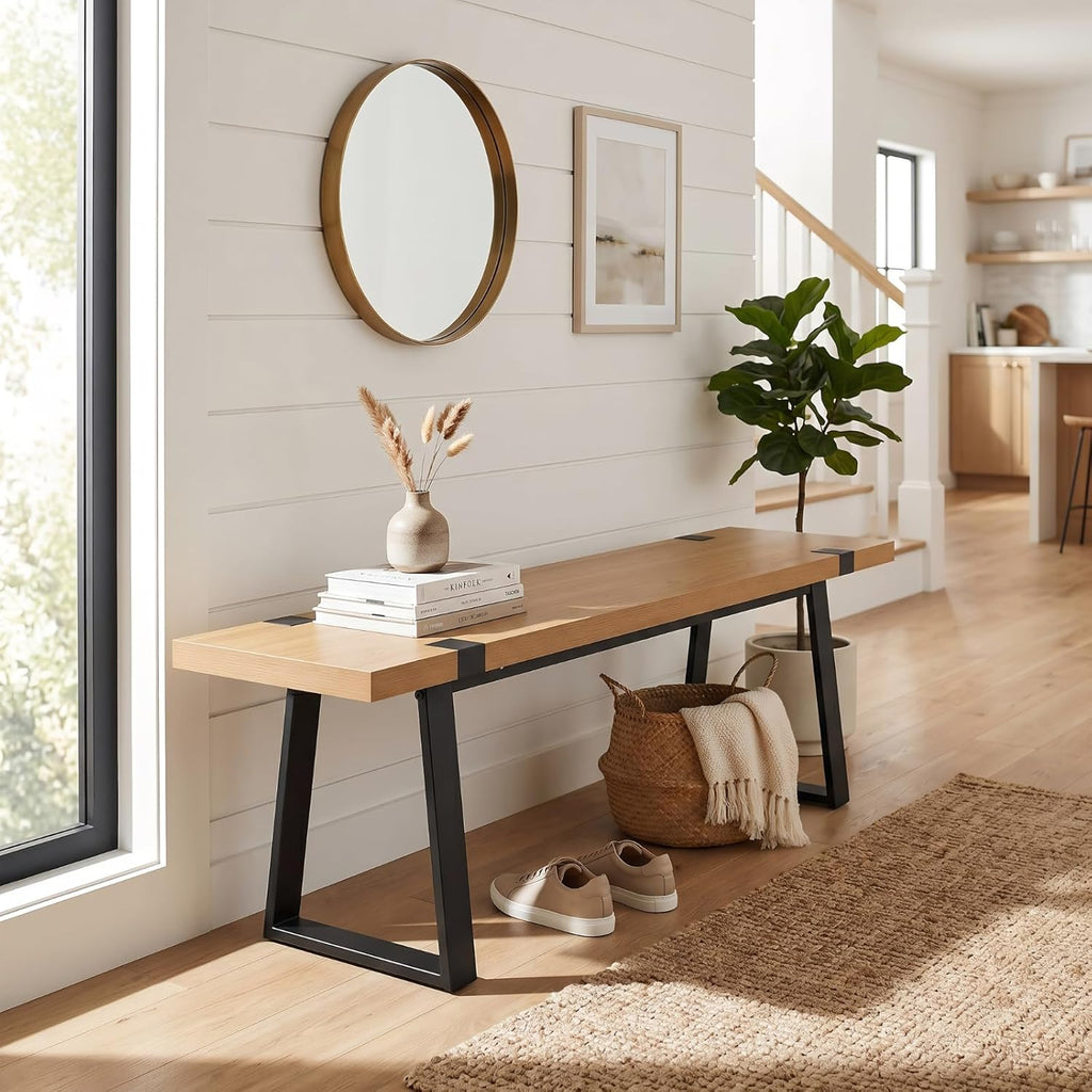 HNY 60" Entryway Bench Wood Dining Bench Bedroom Bench Modern Minimalist Long Slatted Bench for Living Room Hallway, Sturdy Solid Wood with Black Metal Leg Seating for 4-6 People, Natural Finish