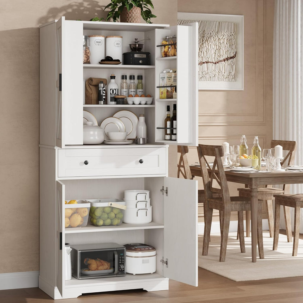 Garvee 71" Kitchen Pantry Cabinet, Barn Door Freestanding Cupboard with Drawer, Sliding Storage Rack, and 6 Hanging Shelves for Kitchen, Dining Room, Living Room Bedroom