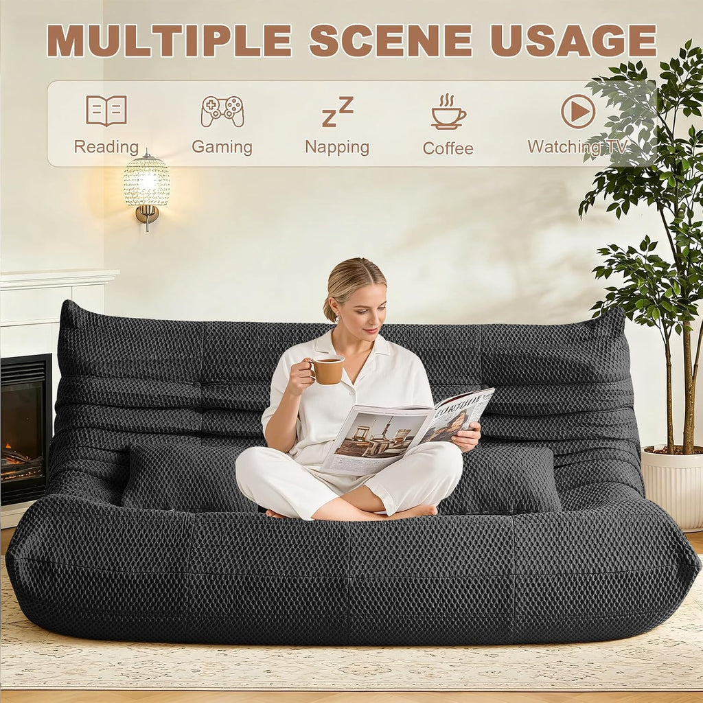 Bean Bag Chair for Adults - Large Bean Bag with Three Pillows, Oversized Chair with High-Rebound Memory Foam, Lazy Floor Sofa for Reading, Gaming, Living Room, Bedroom (3-Seater, Grey)