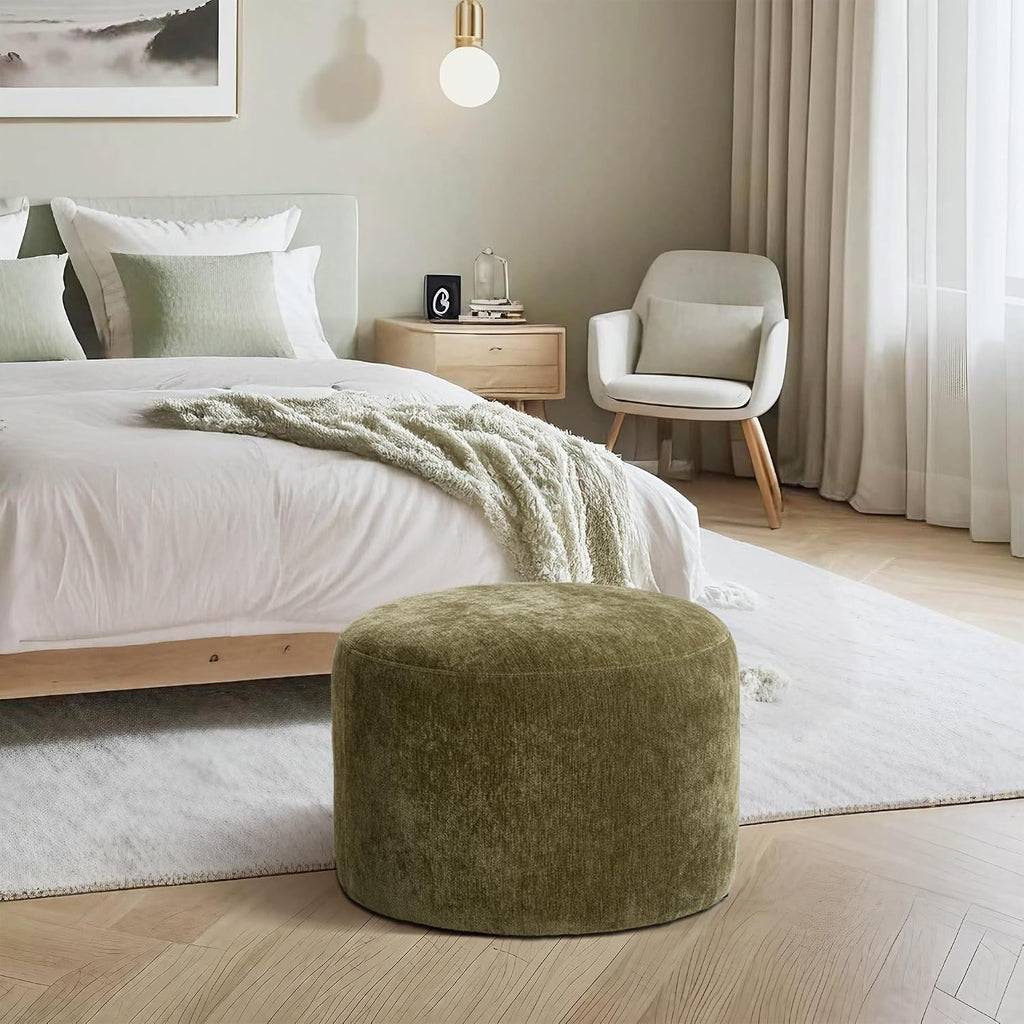 Flouki Pouf Ottoman Footrest, Foot Stools, Modern Round Upholstered Ottomans, Ottomans Pouffe, for Living Room, Bedroom, Entryway, Dorm, Selected Chenille Fabric, Green