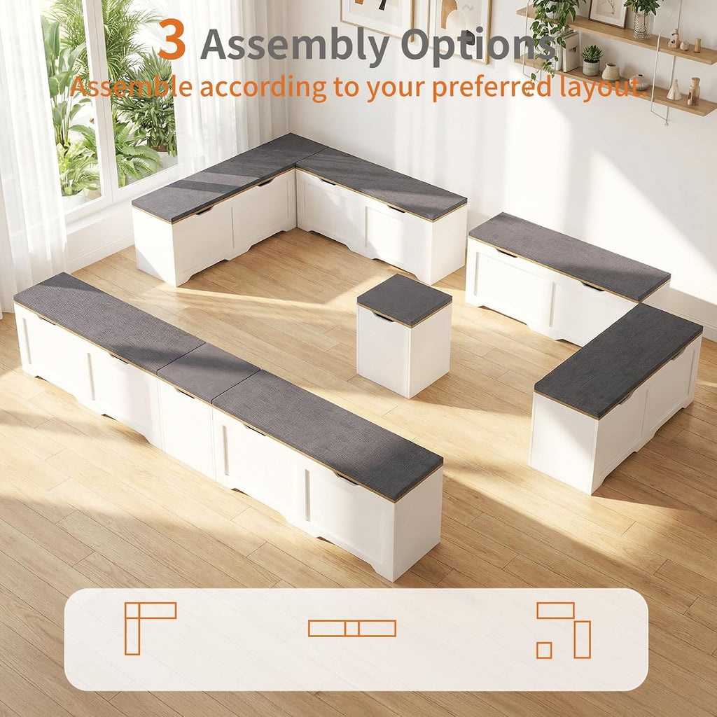 Zevemomo 63" L Shaped Storage Bench with Cushion, Kitchen Breakfast Nook Benches, Corner Storage Bench for Living Room, Kitchen, Entryway, White and Grey