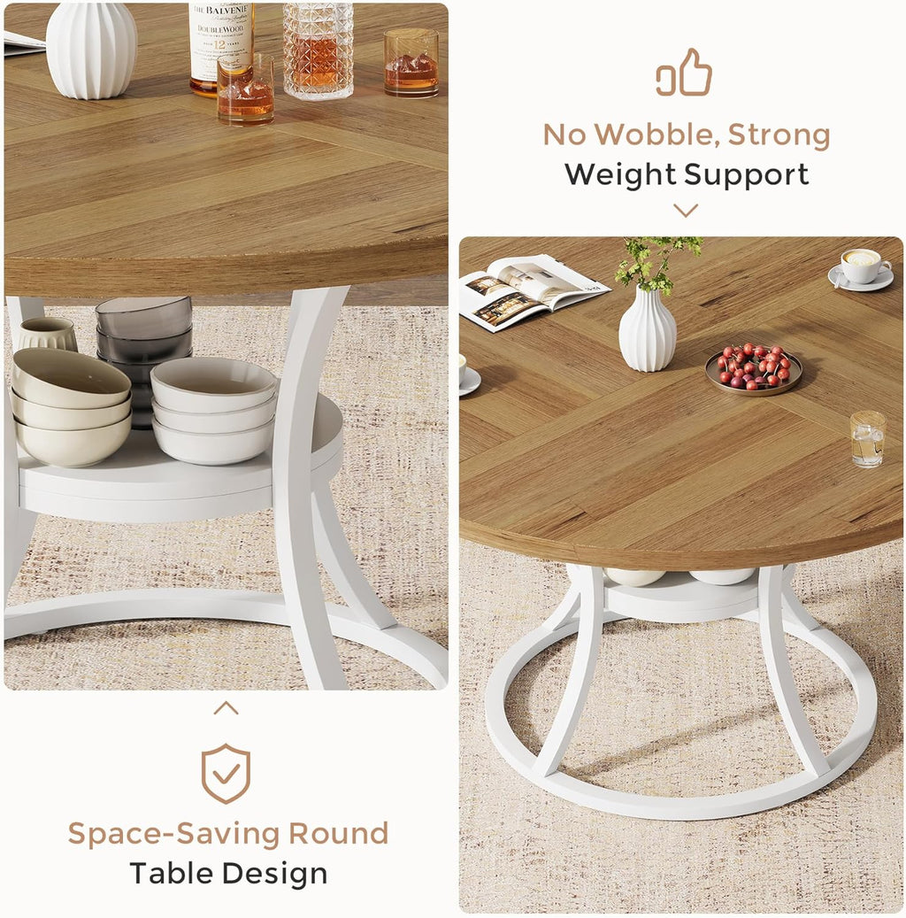 47'' Round Dining Table for 4-6, Farmhouse Dining Room Table with Storage Shelf, Space-Saving Kitchen Table Color-Block Design with Metal Base for Kitchen & Dining Room (Light Brown & White)